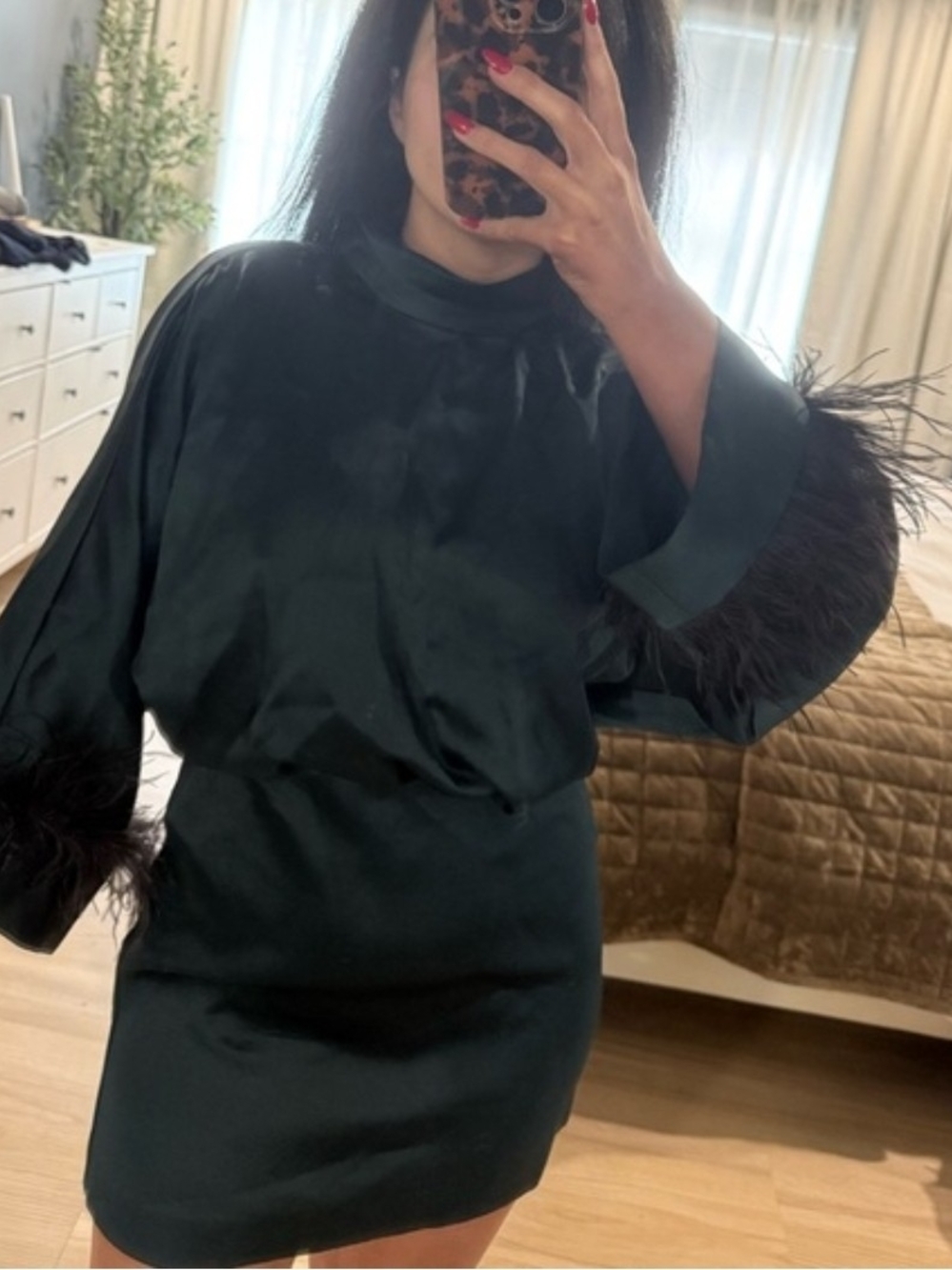 Zara Forest Green Satin Mini Dress with Feather Cuffs - Picture 8 of 8